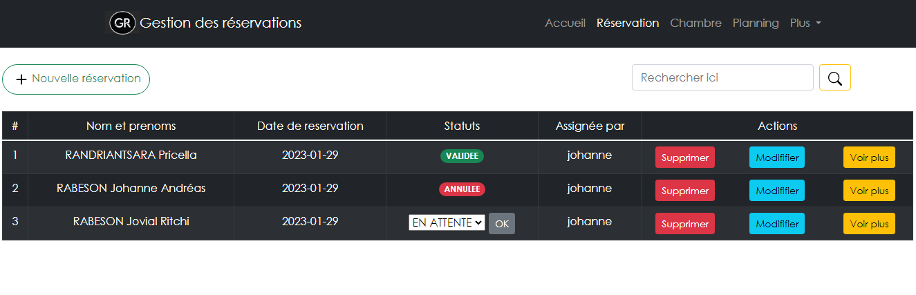 Page réservation